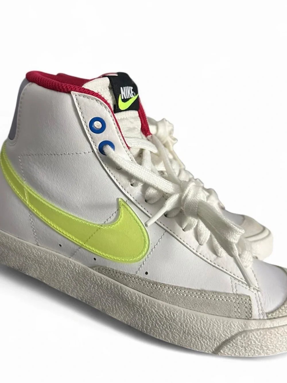 Nike White High-Top Blazers Sneakers with Neon Yellow Swoosh and Red Collar